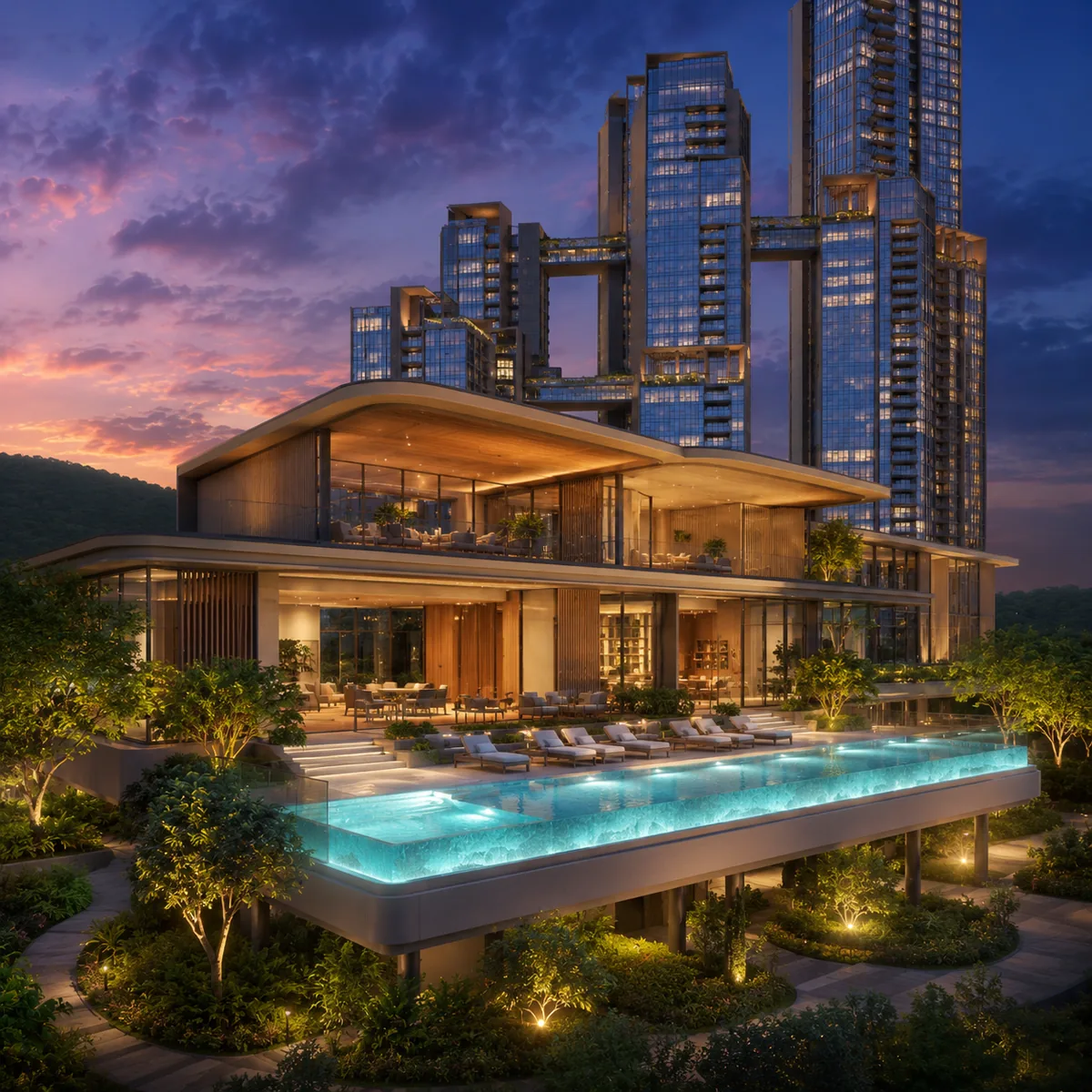 Sattva Hill View signature freestanding clubhouse and pool deck by Sattva Group