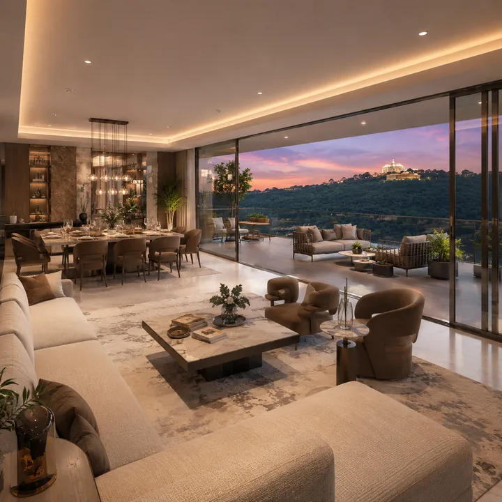 Sattva Hill View 4 BHK living interior opening onto the western viewing deck