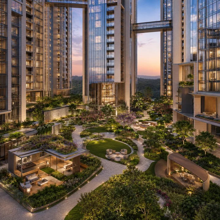 Sattva Hill View 100 percent vehicle-free central podium with themed gardens