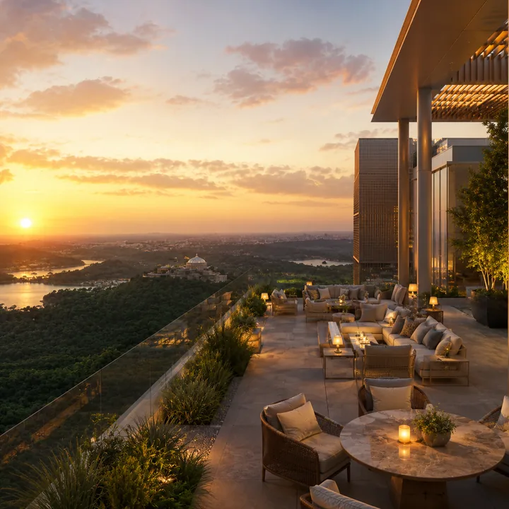Sattva Hill View rooftop sky terrace deck at 149 metres facing the ashram hills