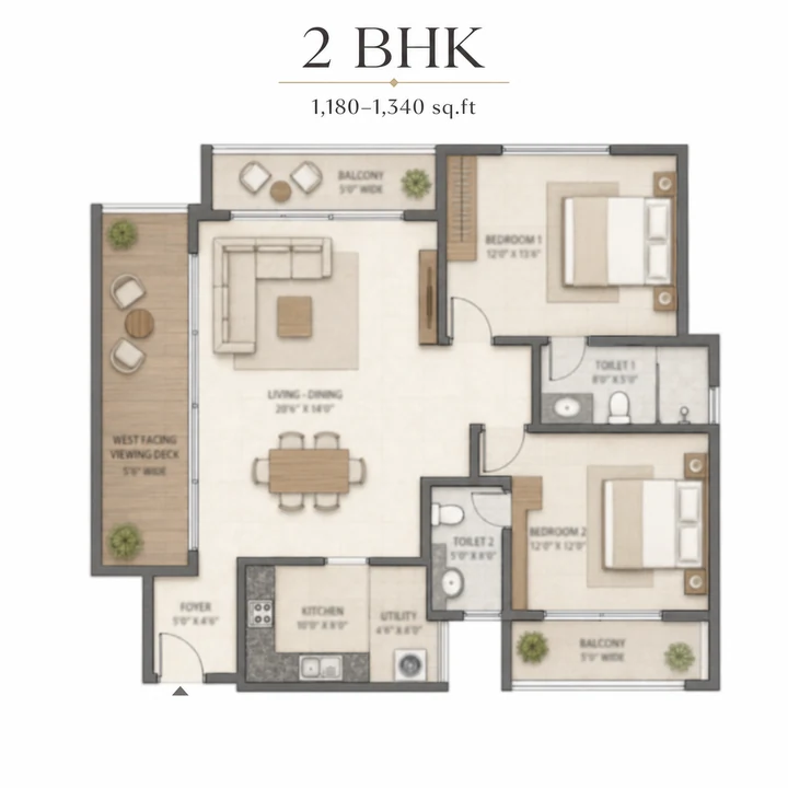 Sattva Hill View 2 BHK floor plan with western viewing deck