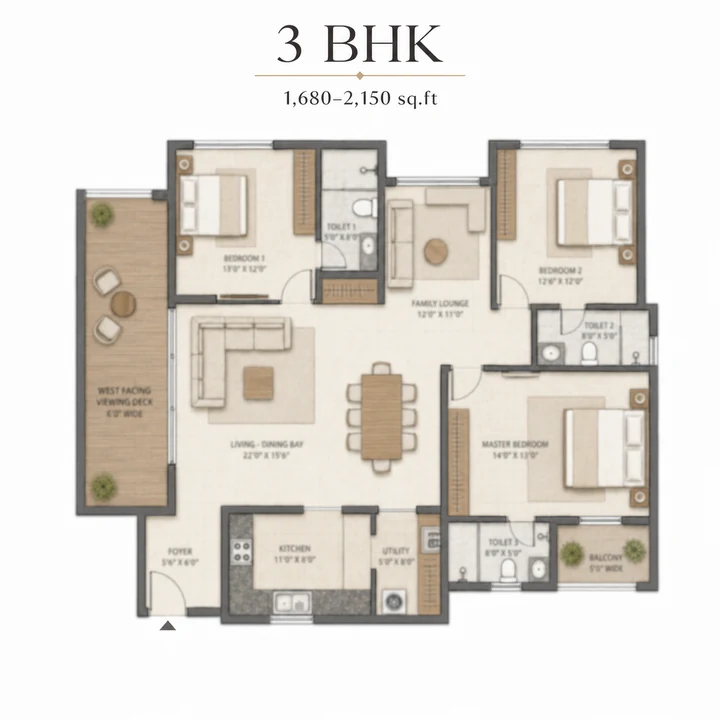 Sattva Hill View 3 BHK floor plan with western viewing deck