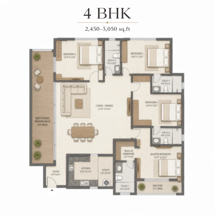 Sattva Hill View 4 BHK floor plan with deep western viewing deck