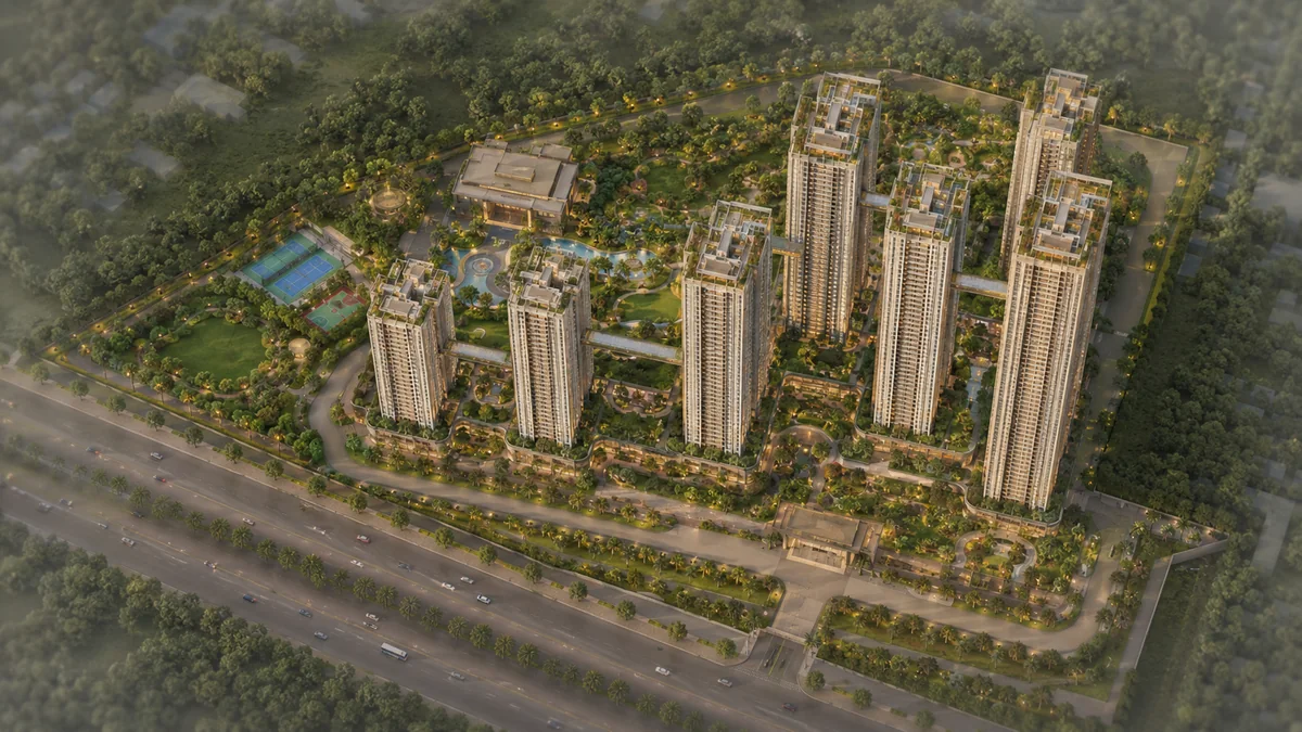 Sattva Hill View master plan showing interconnected towers, three-basement parking and the vehicle-free podium
