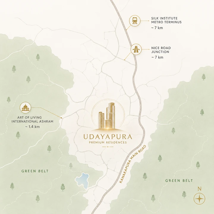 Sattva Hill View location map on Kanakapura Main Road near the Art of Living International Ashram, Bengaluru South